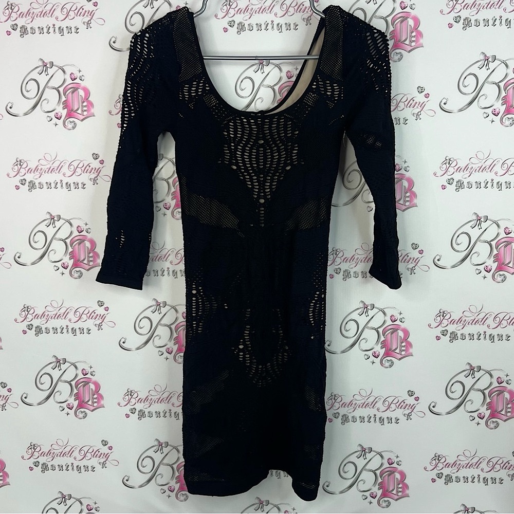 bebe dress stretchy bodycon tight 2 layer style Black Long Sleeve Lace sexy